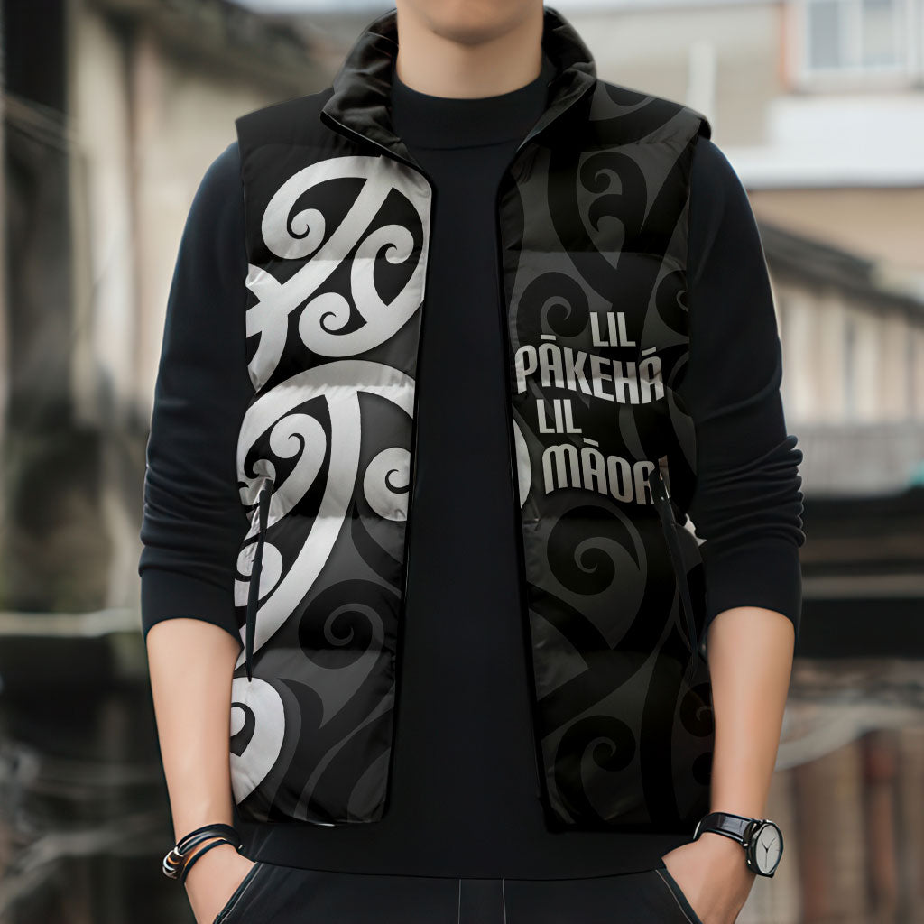 Lil Pakeha Lil Maori New Zealand Sleeveless Puffer Jacket Kiwi Proud Mangopare Pattern