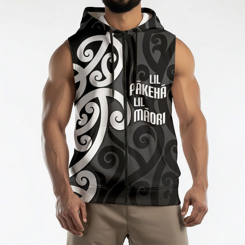 Lil Pakeha Lil Maori New Zealand Sleeveless Zip Hoodie Kiwi Proud Mangopare Pattern
