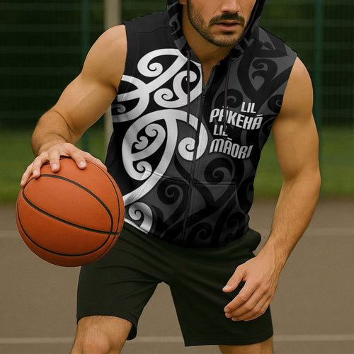 Lil Pakeha Lil Maori New Zealand Sleeveless Zip Hoodie Kiwi Proud Mangopare Pattern
