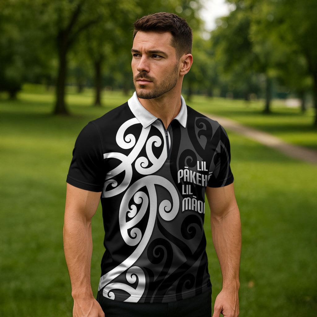 Lil Pakeha Lil Maori New Zealand Zipper Polo Shirt Kiwi Proud Mangopare Pattern