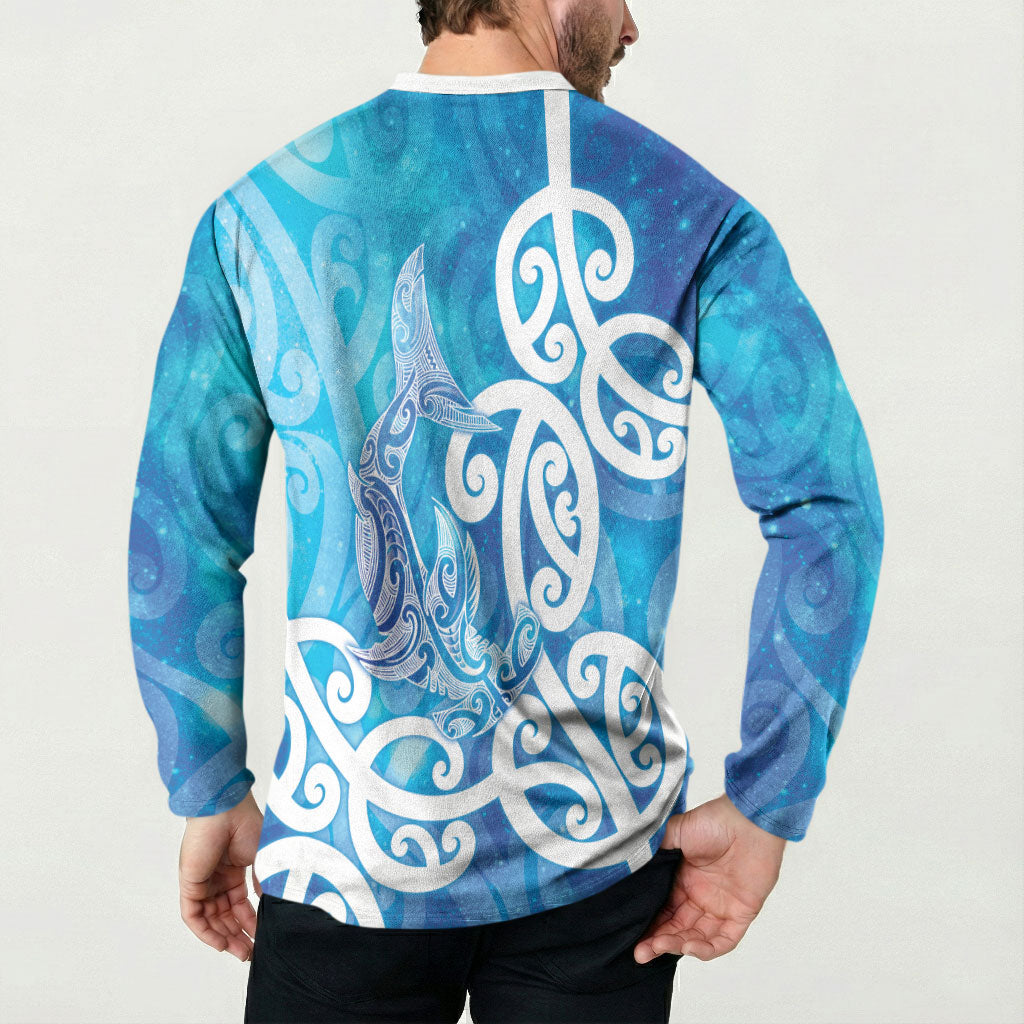 Hammerhead Shark Tattoo New Zealand Button Sweatshirt Maori Galaxy Mangopare Pattern