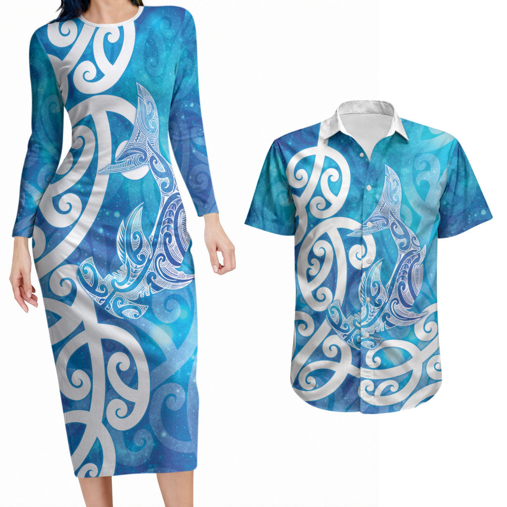 Hammerhead Shark Tattoo New Zealand Couples Matching Long Sleeve Bodycon Dress and Hawaiian Shirt Maori Galaxy Mangopare Pattern