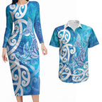 Hammerhead Shark Tattoo New Zealand Couples Matching Long Sleeve Bodycon Dress and Hawaiian Shirt Maori Galaxy Mangopare Pattern