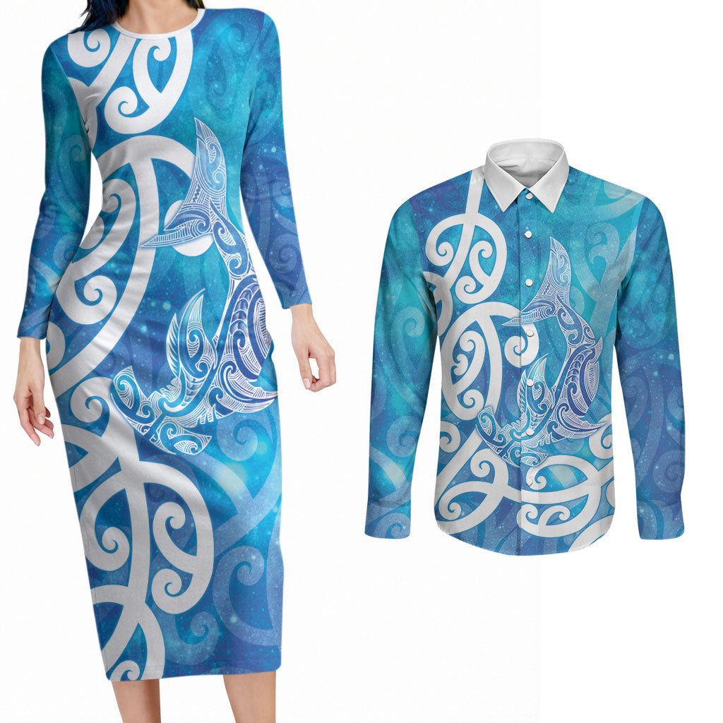 Hammerhead Shark Tattoo New Zealand Couples Matching Long Sleeve Bodycon Dress and Long Sleeve Button Shirt Maori Galaxy Mangopare Pattern
