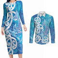 Hammerhead Shark Tattoo New Zealand Couples Matching Long Sleeve Bodycon Dress and Long Sleeve Button Shirt Maori Galaxy Mangopare Pattern