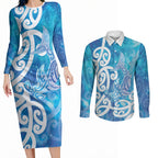 Hammerhead Shark Tattoo New Zealand Couples Matching Long Sleeve Bodycon Dress and Long Sleeve Button Shirt Maori Galaxy Mangopare Pattern