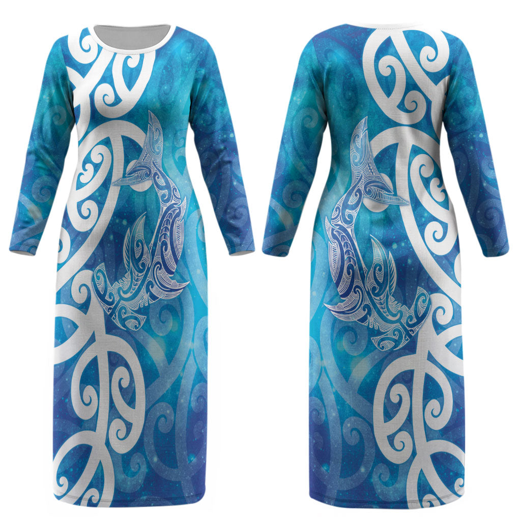Hammerhead Shark Tattoo New Zealand Couples Matching Long Sleeve Bodycon Dress and Long Sleeve Button Shirt Maori Galaxy Mangopare Pattern