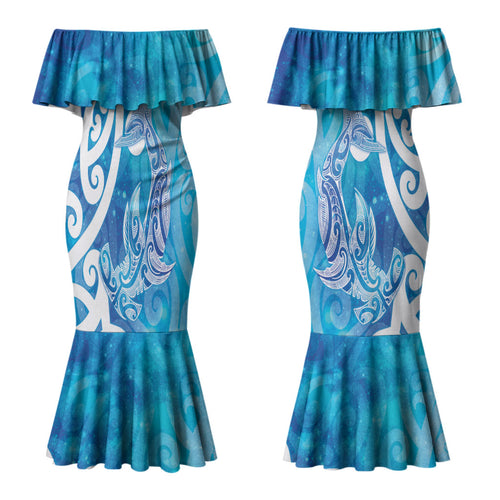 Hammerhead Shark Tattoo New Zealand Couples Matching Mermaid Dress and Hawaiian Shirt Maori Galaxy Mangopare Pattern
