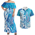 Hammerhead Shark Tattoo New Zealand Couples Matching Off Shoulder Maxi Dress and Hawaiian Shirt Maori Galaxy Mangopare Pattern