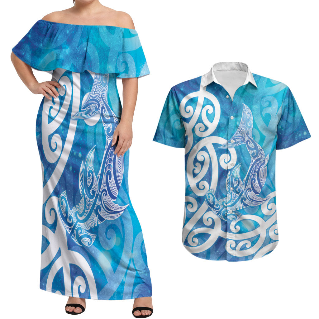 Hammerhead Shark Tattoo New Zealand Couples Matching Off Shoulder Maxi Dress and Hawaiian Shirt Maori Galaxy Mangopare Pattern