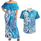 Hammerhead Shark Tattoo New Zealand Couples Matching Off Shoulder Maxi Dress and Hawaiian Shirt Maori Galaxy Mangopare Pattern