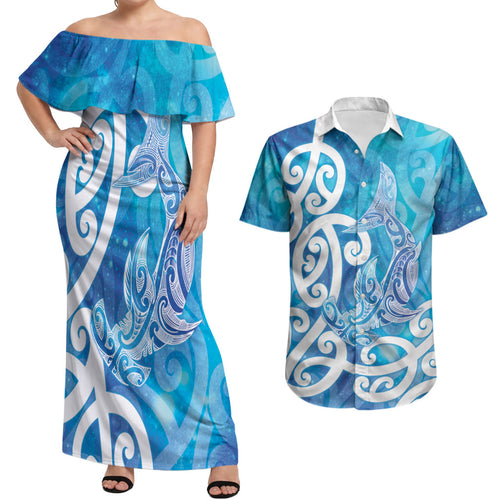 Hammerhead Shark Tattoo New Zealand Couples Matching Off Shoulder Maxi Dress and Hawaiian Shirt Maori Galaxy Mangopare Pattern
