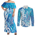 Hammerhead Shark Tattoo New Zealand Couples Matching Off Shoulder Maxi Dress and Long Sleeve Button Shirt Maori Galaxy Mangopare Pattern