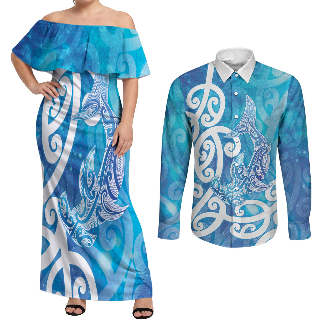 Hammerhead Shark Tattoo New Zealand Couples Matching Off Shoulder Maxi Dress and Long Sleeve Button Shirt Maori Galaxy Mangopare Pattern