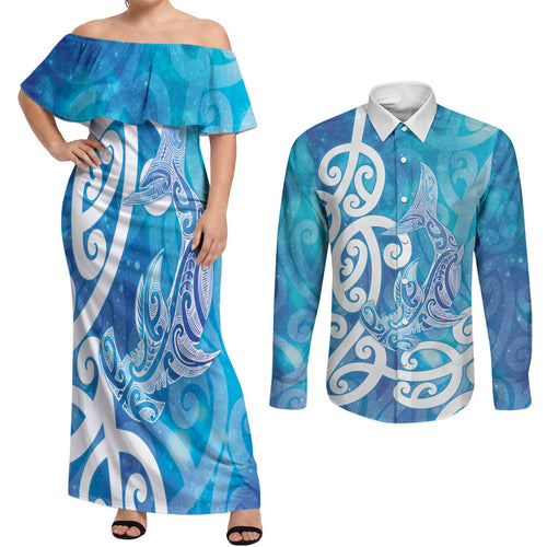 Hammerhead Shark Tattoo New Zealand Couples Matching Off Shoulder Maxi Dress and Long Sleeve Button Shirt Maori Galaxy Mangopare Pattern