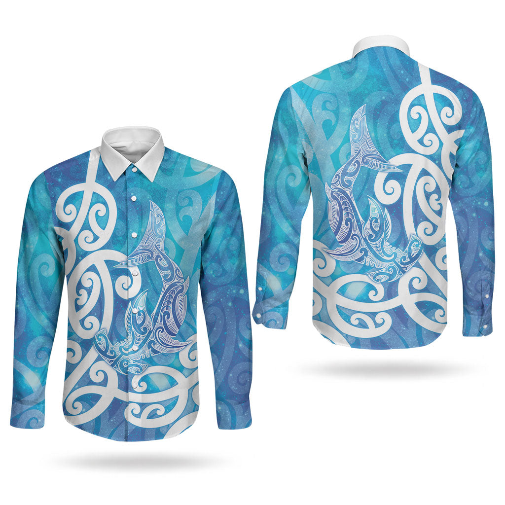 Hammerhead Shark Tattoo New Zealand Couples Matching Off Shoulder Maxi Dress and Long Sleeve Button Shirt Maori Galaxy Mangopare Pattern