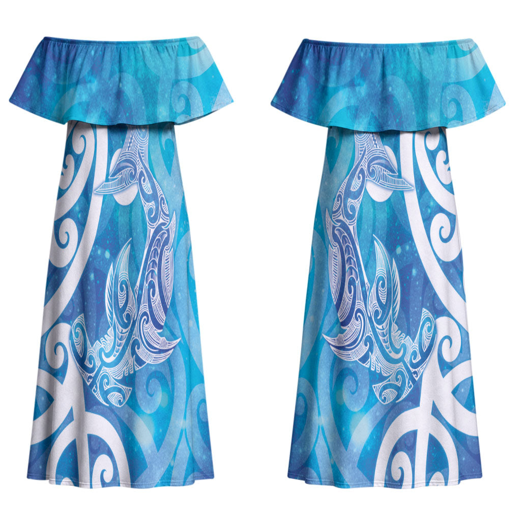 Hammerhead Shark Tattoo New Zealand Couples Matching Off Shoulder Maxi Dress and Long Sleeve Button Shirt Maori Galaxy Mangopare Pattern