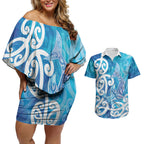 Hammerhead Shark Tattoo New Zealand Couples Matching Off Shoulder Short Dress and Hawaiian Shirt Maori Galaxy Mangopare Pattern