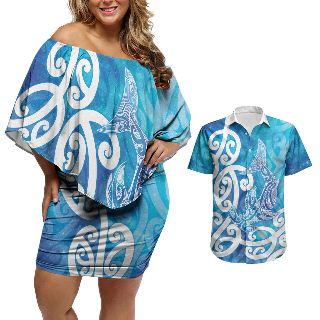 Hammerhead Shark Tattoo New Zealand Couples Matching Off Shoulder Short Dress and Hawaiian Shirt Maori Galaxy Mangopare Pattern
