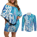 Hammerhead Shark Tattoo New Zealand Couples Matching Off Shoulder Short Dress and Long Sleeve Button Shirt Maori Galaxy Mangopare Pattern