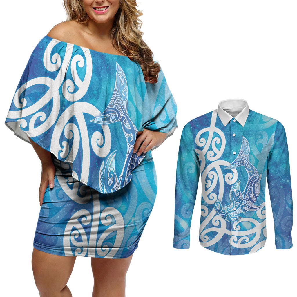 Hammerhead Shark Tattoo New Zealand Couples Matching Off Shoulder Short Dress and Long Sleeve Button Shirt Maori Galaxy Mangopare Pattern