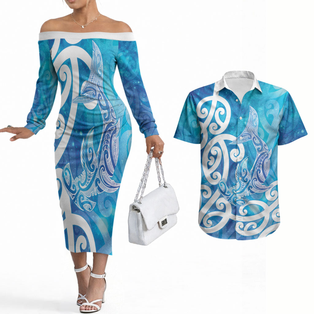 Hammerhead Shark Tattoo New Zealand Couples Matching Off The Shoulder Long Sleeve Dress and Hawaiian Shirt Maori Galaxy Mangopare Pattern
