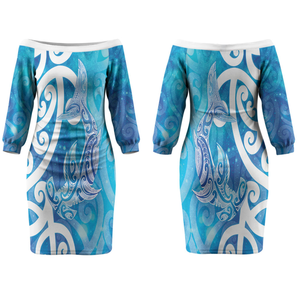 Hammerhead Shark Tattoo New Zealand Couples Matching Off The Shoulder Long Sleeve Dress and Hawaiian Shirt Maori Galaxy Mangopare Pattern