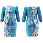 Hammerhead Shark Tattoo New Zealand Couples Matching Off The Shoulder Long Sleeve Dress and Hawaiian Shirt Maori Galaxy Mangopare Pattern