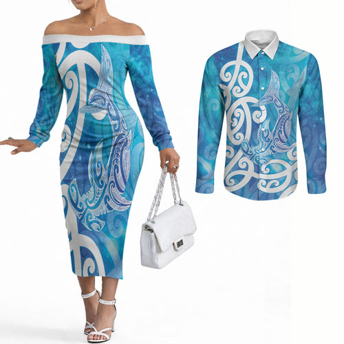 Hammerhead Shark Tattoo New Zealand Couples Matching Off The Shoulder Long Sleeve Dress and Long Sleeve Button Shirt Maori Galaxy Mangopare Pattern