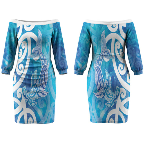 Hammerhead Shark Tattoo New Zealand Couples Matching Off The Shoulder Long Sleeve Dress and Long Sleeve Button Shirt Maori Galaxy Mangopare Pattern