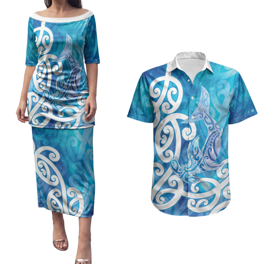 Hammerhead Shark Tattoo New Zealand Couples Matching Puletasi and Hawaiian Shirt Maori Galaxy Mangopare Pattern