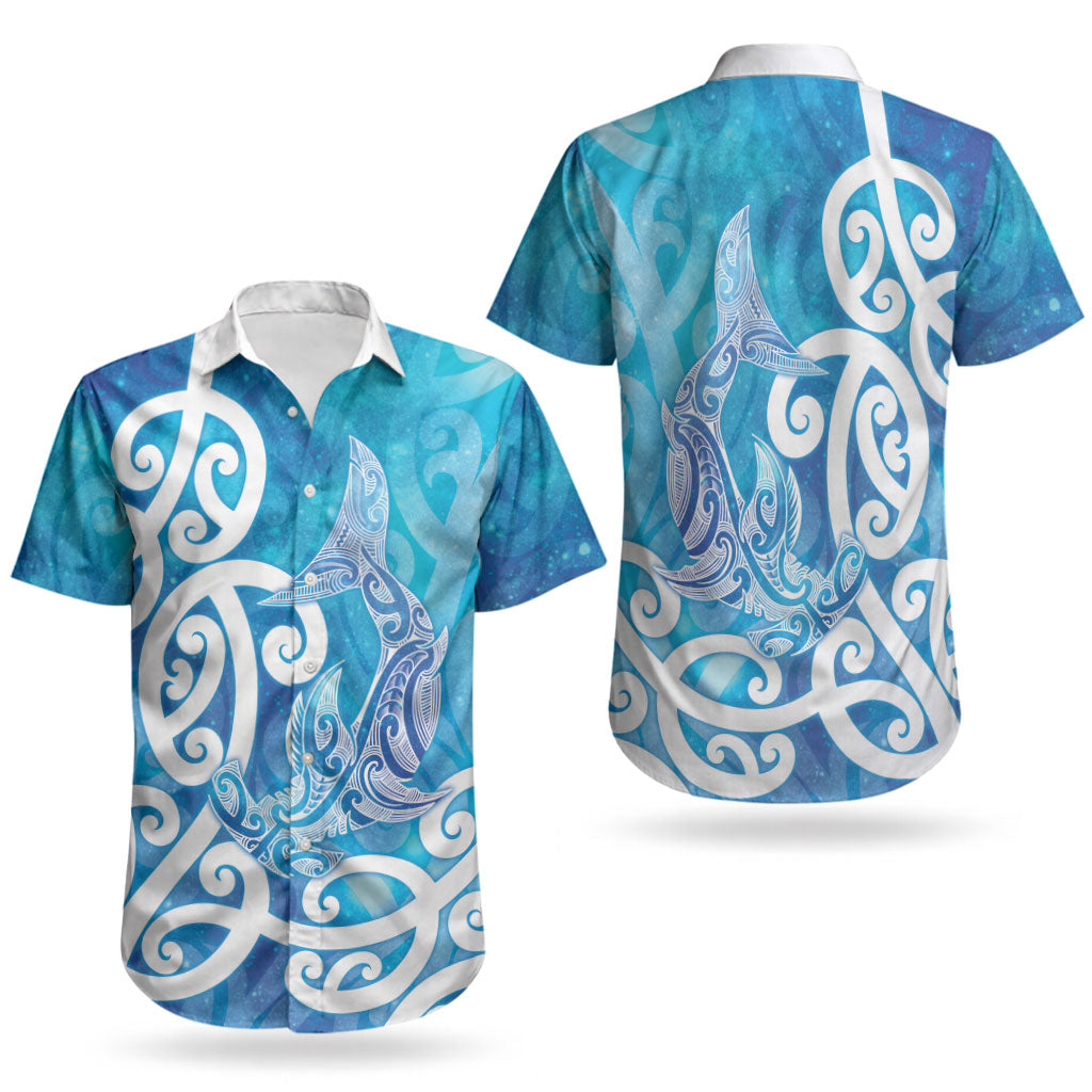 Hammerhead Shark Tattoo New Zealand Couples Matching Puletasi and Hawaiian Shirt Maori Galaxy Mangopare Pattern