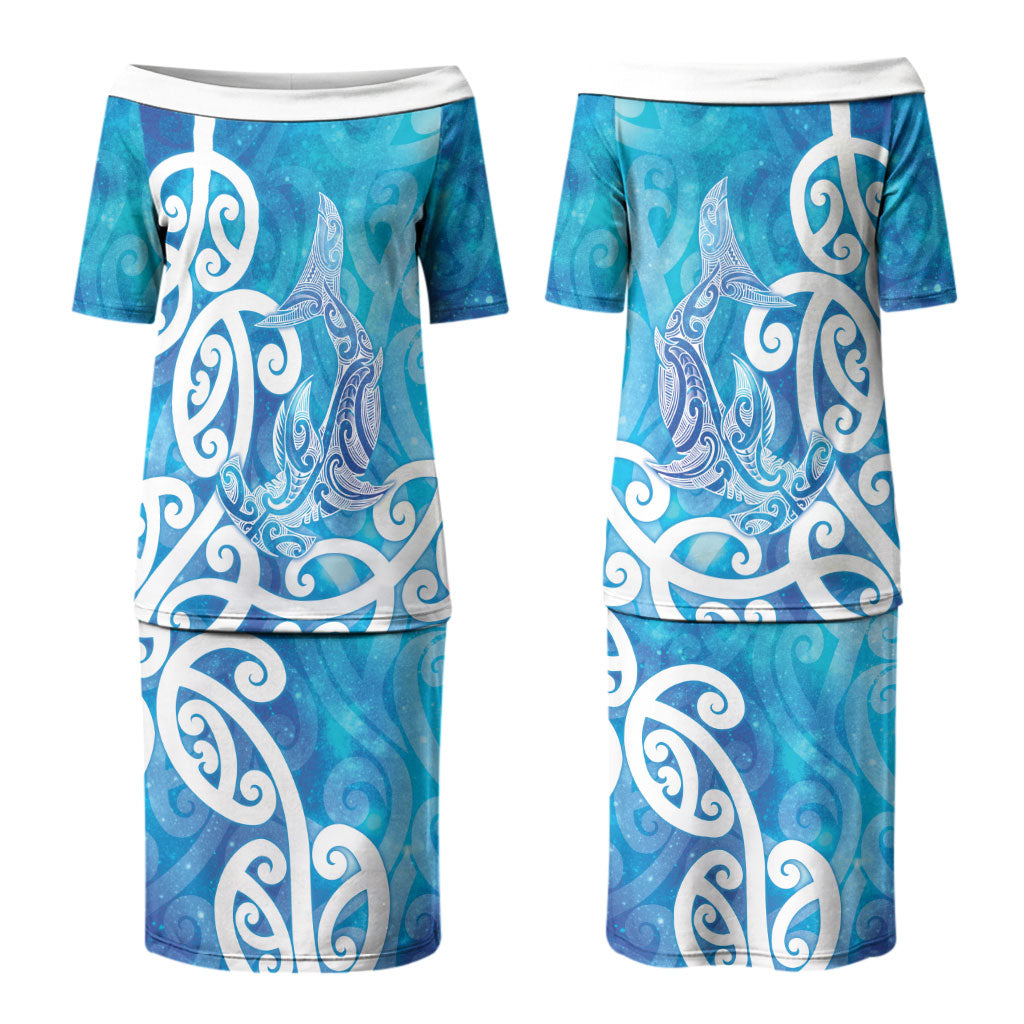 Hammerhead Shark Tattoo New Zealand Couples Matching Puletasi and Hawaiian Shirt Maori Galaxy Mangopare Pattern