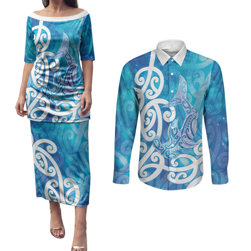 Hammerhead Shark Tattoo New Zealand Couples Matching Puletasi and Long Sleeve Button Shirt Maori Galaxy Mangopare Pattern