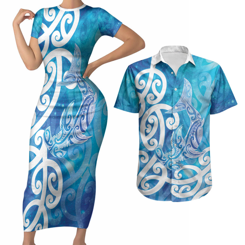 Hammerhead Shark Tattoo New Zealand Couples Matching Short Sleeve Bodycon Dress and Hawaiian Shirt Maori Galaxy Mangopare Pattern