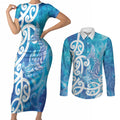 Hammerhead Shark Tattoo New Zealand Couples Matching Short Sleeve Bodycon Dress and Long Sleeve Button Shirt Maori Galaxy Mangopare Pattern