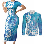 Hammerhead Shark Tattoo New Zealand Couples Matching Short Sleeve Bodycon Dress and Long Sleeve Button Shirt Maori Galaxy Mangopare Pattern