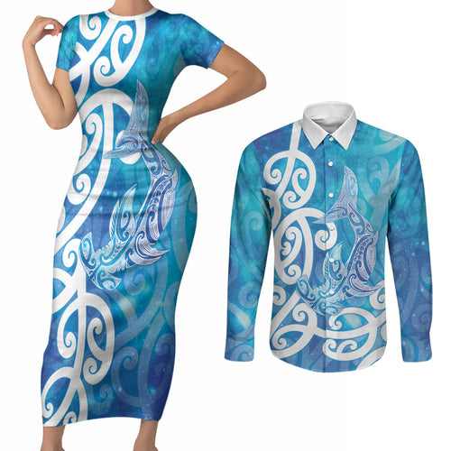 Hammerhead Shark Tattoo New Zealand Couples Matching Short Sleeve Bodycon Dress and Long Sleeve Button Shirt Maori Galaxy Mangopare Pattern