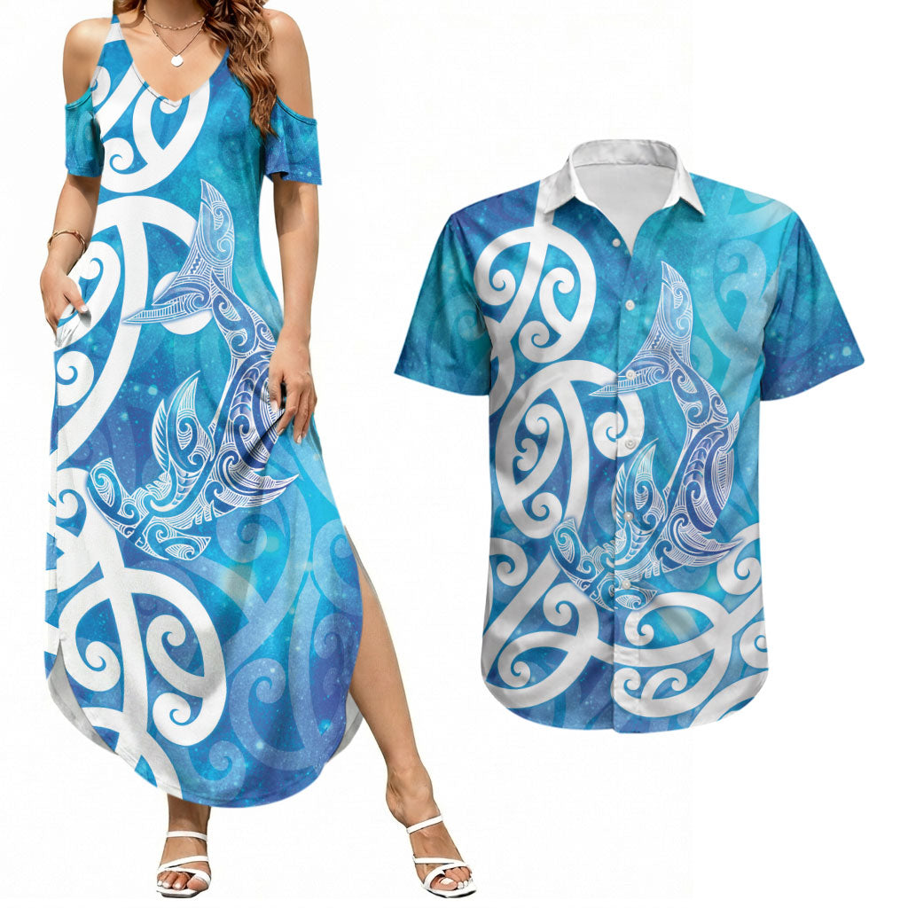 Hammerhead Shark Tattoo New Zealand Couples Matching Summer Maxi Dress and Hawaiian Shirt Maori Galaxy Mangopare Pattern