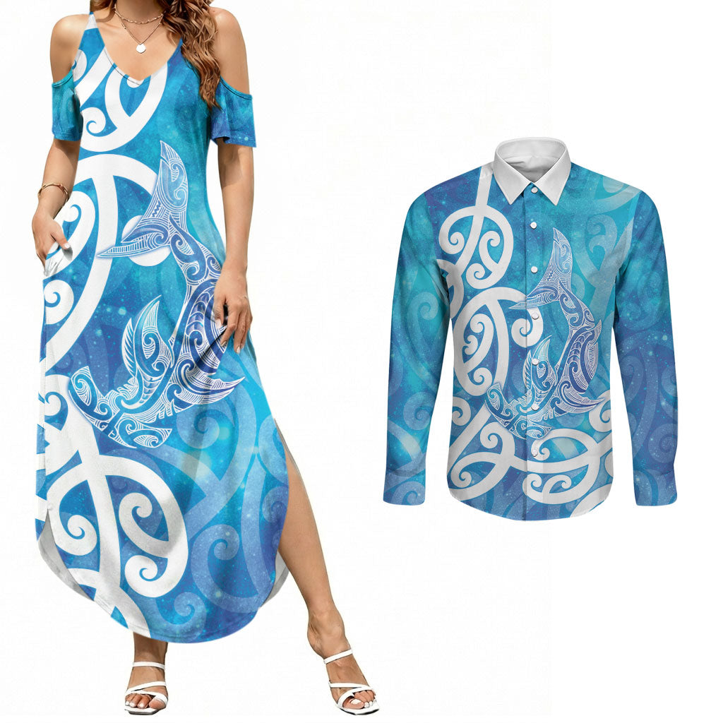 Hammerhead Shark Tattoo New Zealand Couples Matching Summer Maxi Dress and Long Sleeve Button Shirt Maori Galaxy Mangopare Pattern