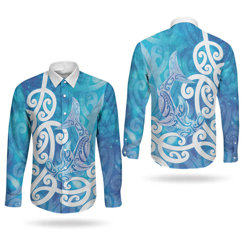 Hammerhead Shark Tattoo New Zealand Couples Matching Summer Maxi Dress and Long Sleeve Button Shirt Maori Galaxy Mangopare Pattern
