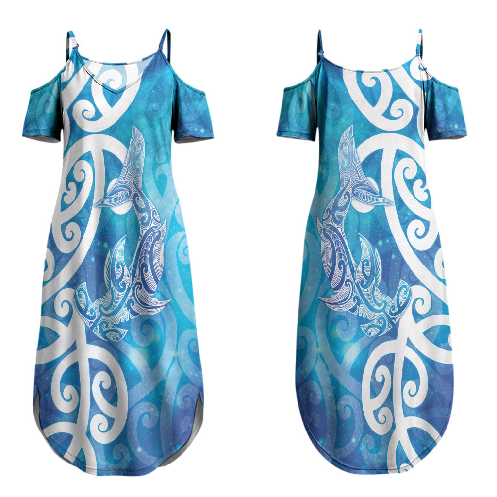 Hammerhead Shark Tattoo New Zealand Couples Matching Summer Maxi Dress and Long Sleeve Button Shirt Maori Galaxy Mangopare Pattern