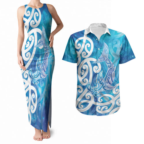 Hammerhead Shark Tattoo New Zealand Couples Matching Tank Maxi Dress and Hawaiian Shirt Maori Galaxy Mangopare Pattern