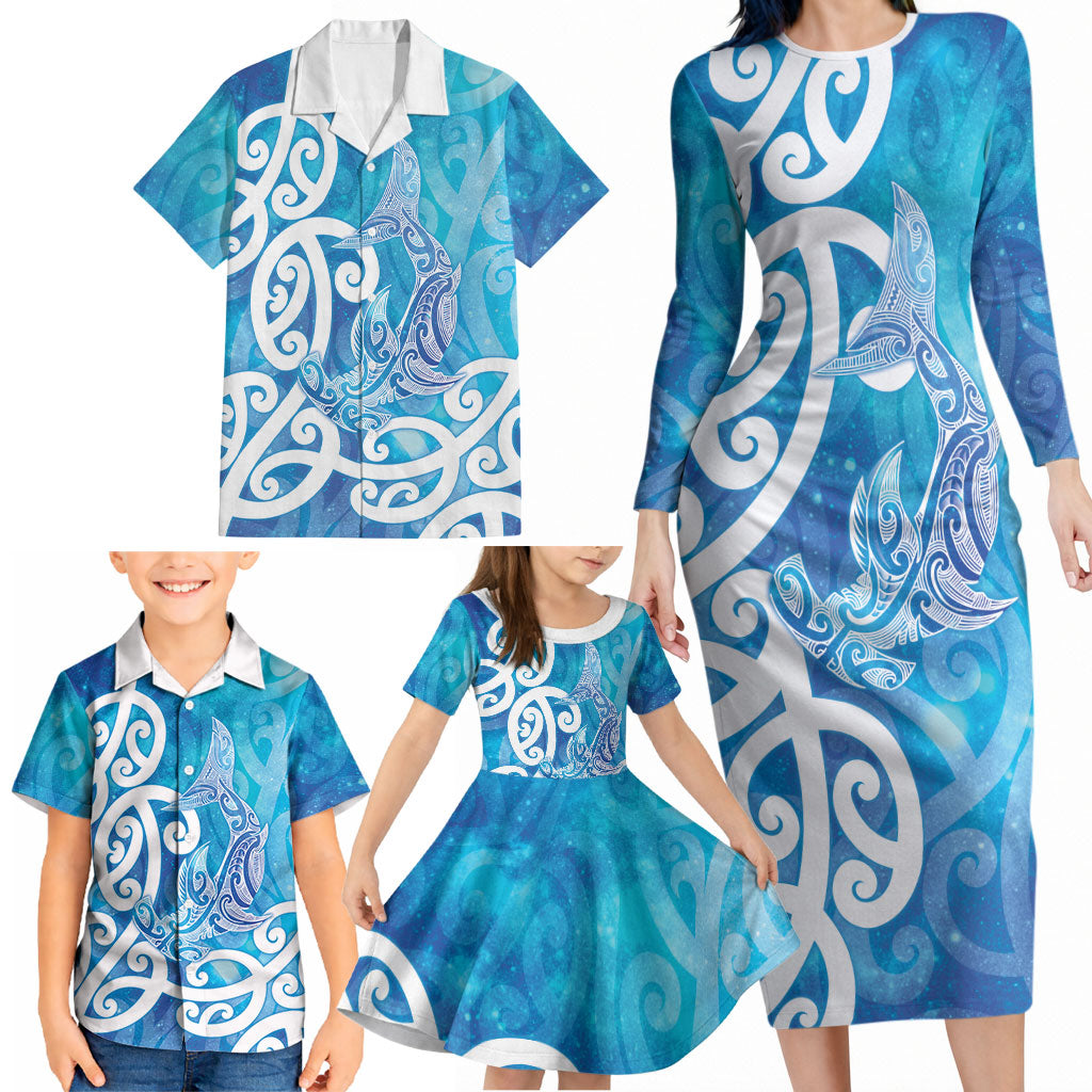 Hammerhead Shark Tattoo New Zealand Family Matching Long Sleeve Bodycon Dress and Hawaiian Shirt Maori Galaxy Mangopare Pattern