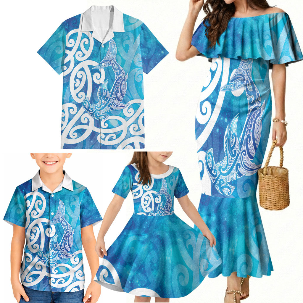 Hammerhead Shark Tattoo New Zealand Family Matching Mermaid Dress and Hawaiian Shirt Maori Galaxy Mangopare Pattern