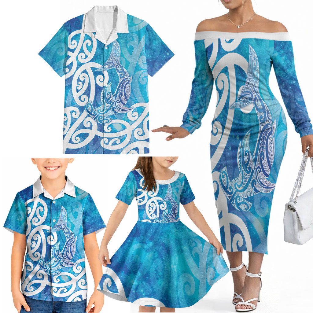 Hammerhead Shark Tattoo New Zealand Family Matching Off The Shoulder Long Sleeve Dress and Hawaiian Shirt Maori Galaxy Mangopare Pattern