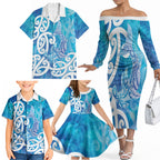 Hammerhead Shark Tattoo New Zealand Family Matching Off The Shoulder Long Sleeve Dress and Hawaiian Shirt Maori Galaxy Mangopare Pattern