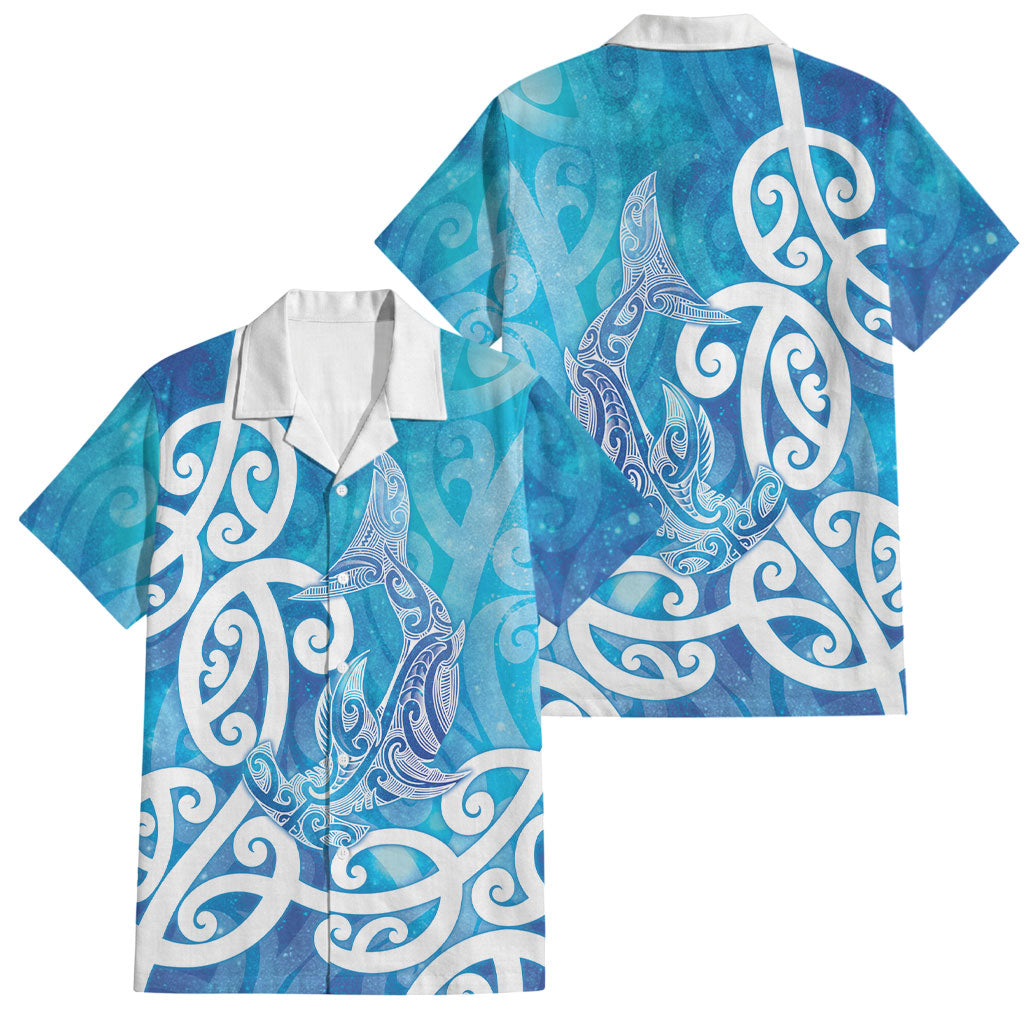 Hammerhead Shark Tattoo New Zealand Family Matching Off The Shoulder Long Sleeve Dress and Hawaiian Shirt Maori Galaxy Mangopare Pattern