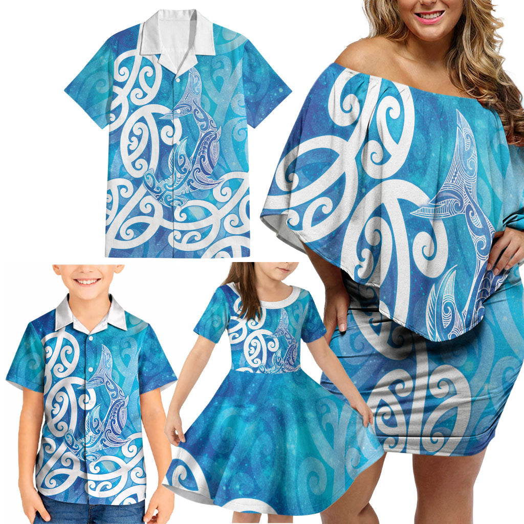 Hammerhead Shark Tattoo New Zealand Family Matching Off Shoulder Short Dress and Hawaiian Shirt Maori Galaxy Mangopare Pattern