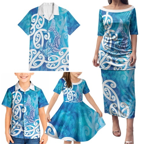 Hammerhead Shark Tattoo New Zealand Family Matching Puletasi and Hawaiian Shirt Maori Galaxy Mangopare Pattern